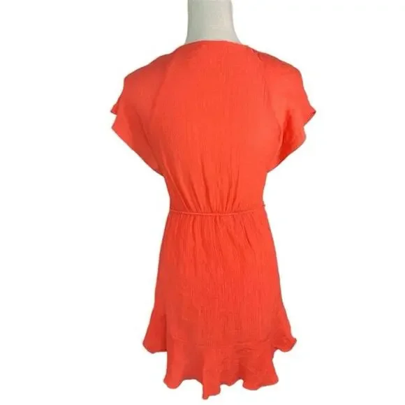 Lush hot coral orange flutter sleeve Mini dress wrap summer coquette cowgirl - Picture 7 of 11